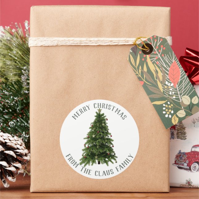 Custom Merry Christmas Tree Holiday Classic Round Sticker (Holiday)
