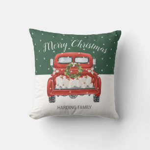 Custom Merry Christmas Vintage Red Truck Green Throw Pillow