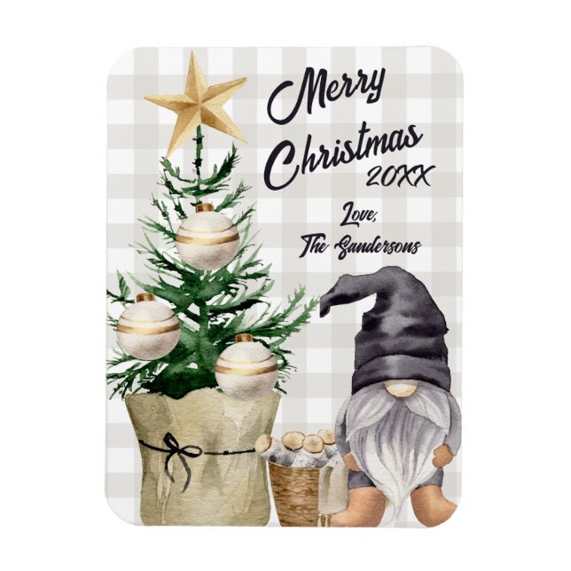 Custom Merry Christmas Watercolor Gnome Plaid Magnet (Vertical)