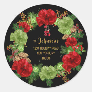 Custom MERRY CHRISTMAS Wreath Black Return Address Classic Round Sticker
