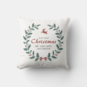 Custom Merry Christmas Wreath Deer holly berry Throw Pillow
