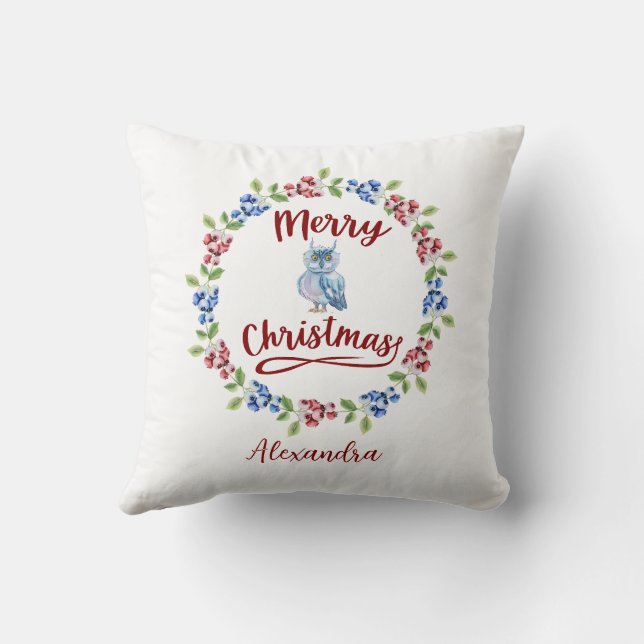 Custom Merry Christmas Wreath Owl Blue Red Berries Throw Pillow (Back)