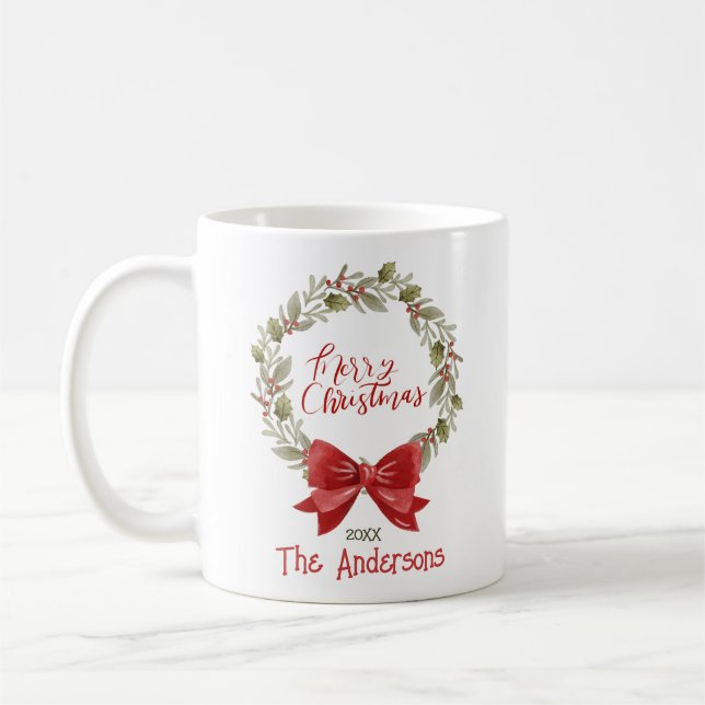 Custom Merry Christmas Wreath Red Bow Mug (Left)