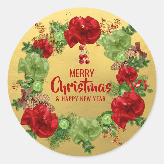 Custom MERRY CHRISTMAS Wreath Red Green GOLD Classic Round Sticker (Front)