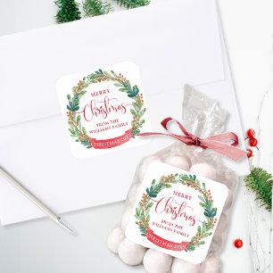Custom, Merry Christmas Wreath, Script, Festive Square Sticker