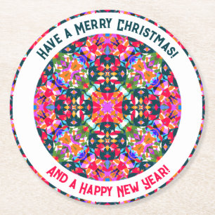 Custom Merry Colorful Modern Christmas Party Round Paper Coaster