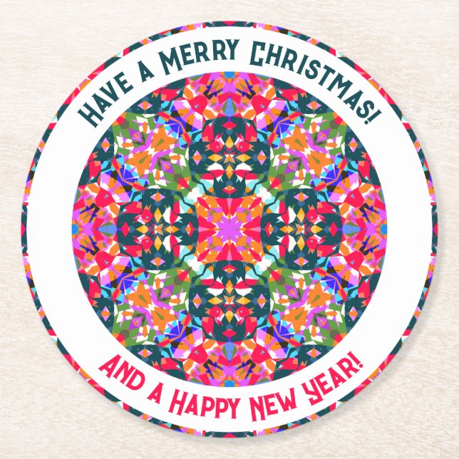 Custom Merry Colorful Modern Christmas Party Round Paper Coaster (Front)