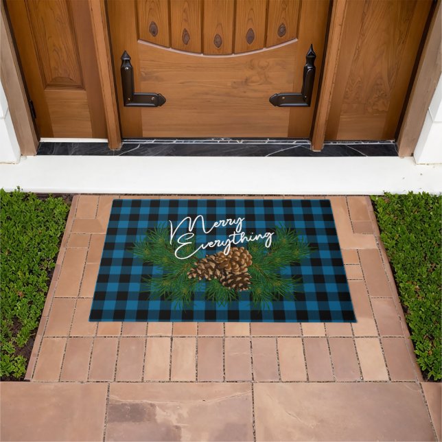 Custom Merry Everything Blue Black Checks Cabin Doormat (Outdoor)