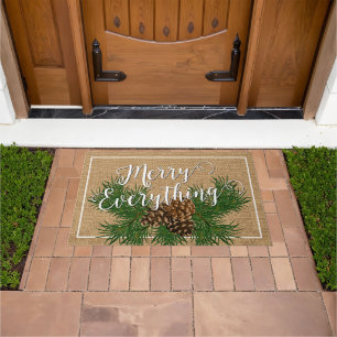 Custom Merry Everything On Faux Burlap Cabin Doormat