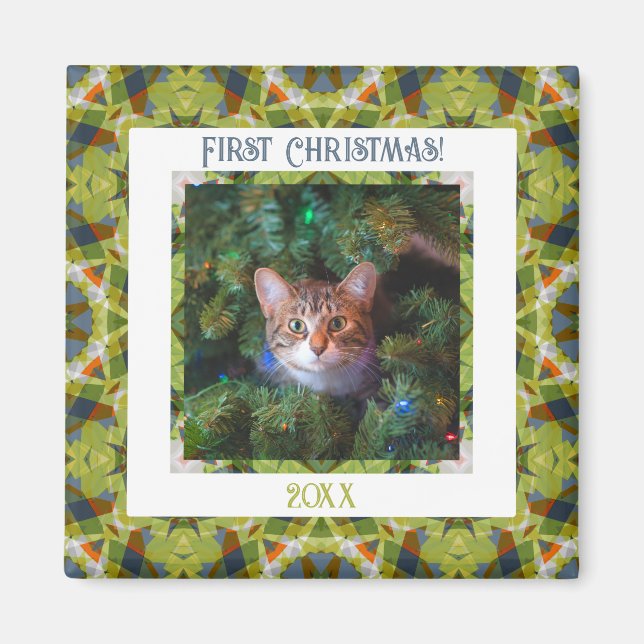 Custom Merry Green Festive First Christmas Photo Magnet (Front)
