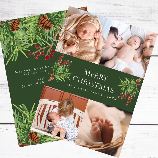 Custom Message 4 Photo Green Botanical Christmas Holiday Card (Creator Uploaded)