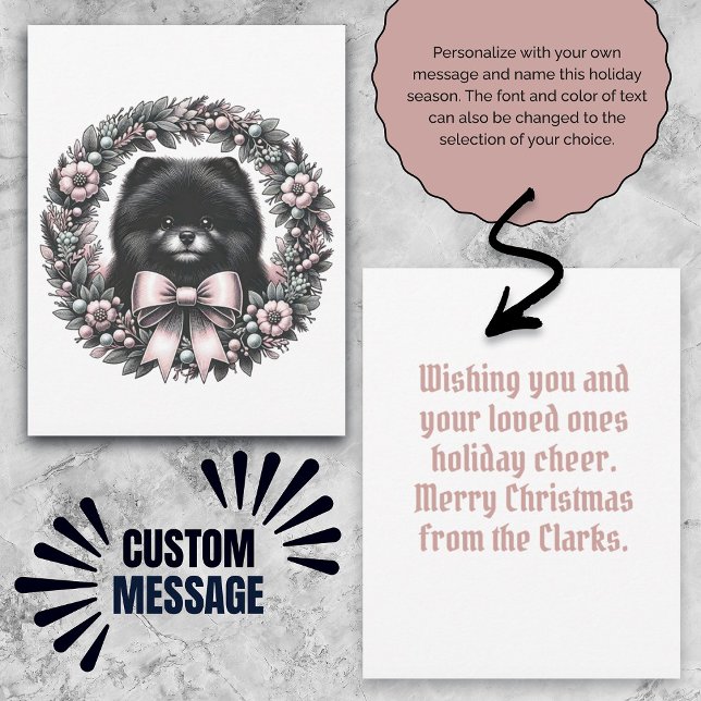 Custom Message Black Pomeranian Vintage Wreath Card (Custom Message Black Pomeranian Vintage Wreath Card)