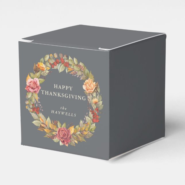 Custom Message Floral Wreath Thanksgiving Favor Box (Front Side)