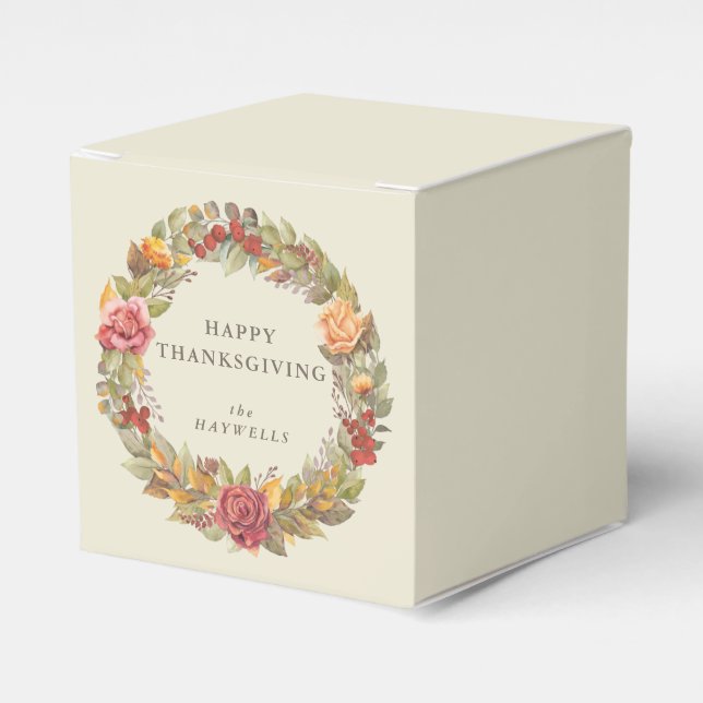 Custom Message Floral Wreath Thanksgiving Favor Box (Front Side)