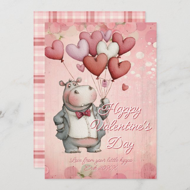 Custom Message Hippo Animal Valentines Day Holiday Card (Front/Back)