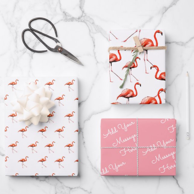 Custom Message Pattern Pink Flamingo Wrapping Paper Sheet (Front)