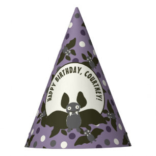 Custom Message Purple, Charcoal Gray Cartoon Bat Party Hat