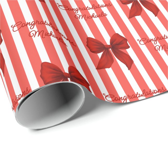 Custom Message Red Coquette Bows Congratulations Wrapping Paper (Roll Corner)