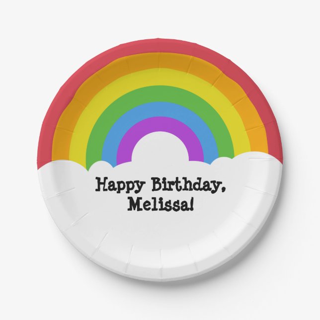 Custom Message Retro Rainbow and Clouds Paper Plate (Front)