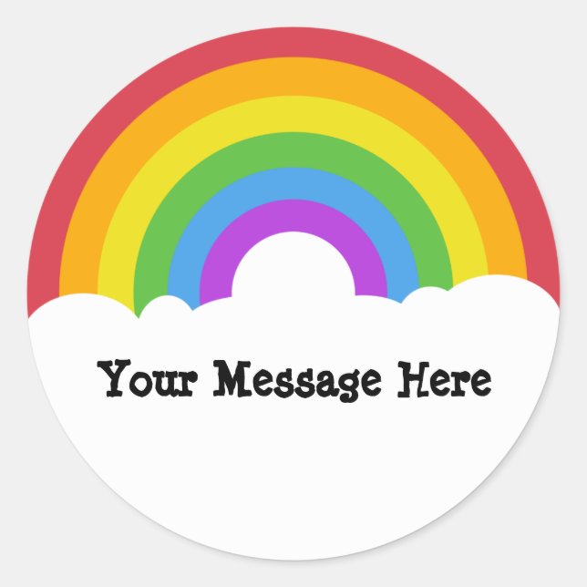 Custom Message Round Rainbow and Clouds Classic Round Sticker (Front)