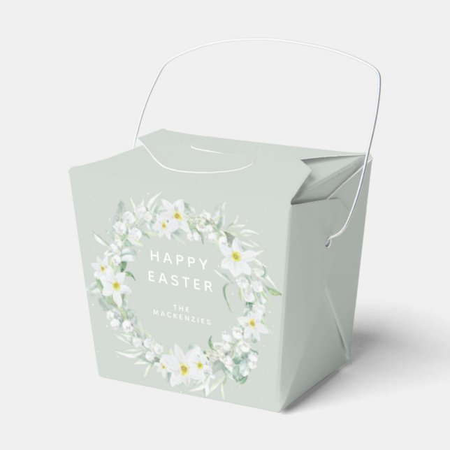 Custom Message White Floral Easter Wreath Favor Box (Front Side)