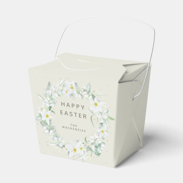 Custom Message White Floral Easter Wreath Favor Box (Front Side)