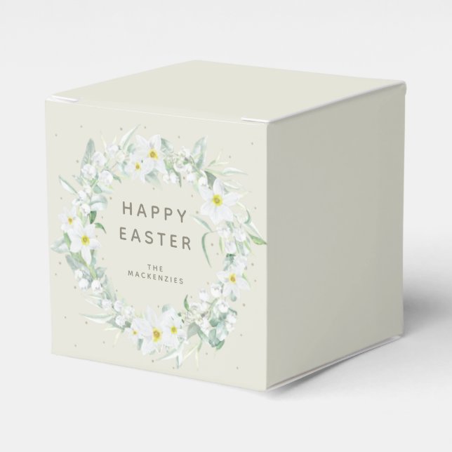 Custom Message White Floral Easter Wreath Favor Box (Front Side)