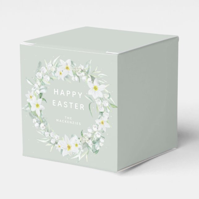Custom Message White Floral Easter Wreath Favor Box (Front Side)