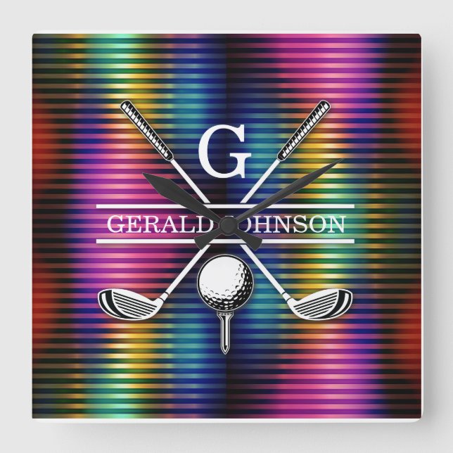Custom Metallic Colourful Golf Monogram Design Square Wall Clock (Front)