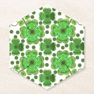 Custom Metallic Green Clover & Swirl Pattern  Paper Coaster