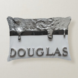 Custom Metallic Name Chrome Drip Glossy Silver Accent Pillow