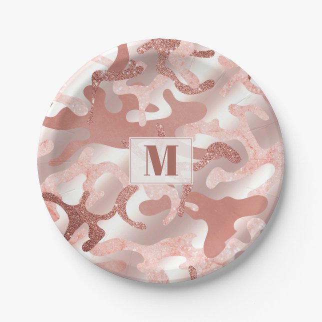 Custom Metallic Rose Gold Glitter Pink Marble Camo Paper Plate (Front)
