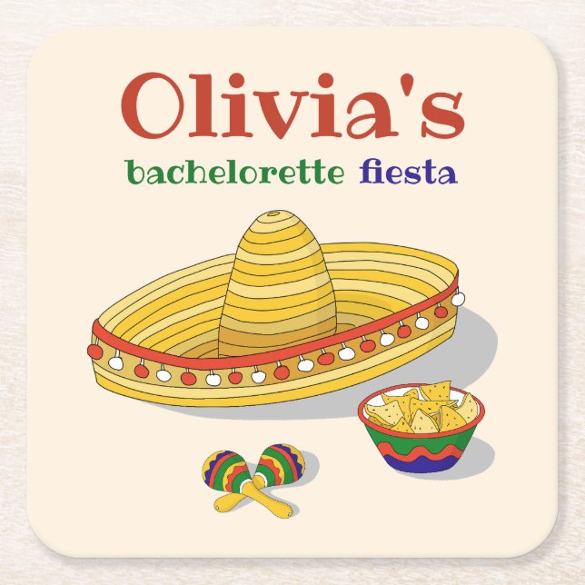 Custom Mexican Fiesta Bachelorette Party  Square Paper Coaster (Front)