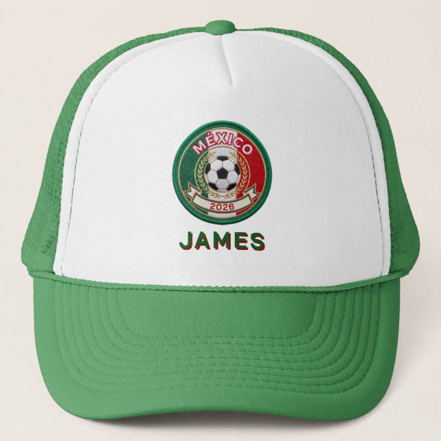 Custom Mexico Soccer Fans Crest Personalized Name Trucker Hat (Front)
