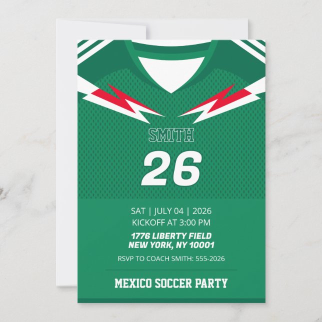 Custom Mexico Soccer Jersey Birthday Invite (Front)