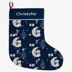 Custom Midnight Christmas Navy, Silver & Gold Large Christmas Stocking