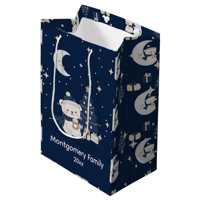 Custom Midnight Christmas | Navy, Silver & Gold  Medium Gift Bag (Front Angled)