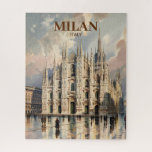Custom Milan Duomo di Milano Vintage Watercolor Jigsaw Puzzle<br><div class="desc">Personalized custom text available. Classic watercolor painting in a vintage retro travel poster style featuring the Duomo di Milano, Milan’s iconic gothic cathedral in northern Italy. This Italian masterpiece captures ornate spires, detailed stone carvings, and grand architectural symmetry, reflecting the beauty of historic landmarks in Florence, Rome, and other cultural...</div>