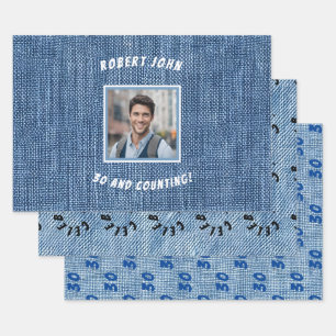 Custom Milestone Golden Birthday Denim Wrapping Paper Sheet
