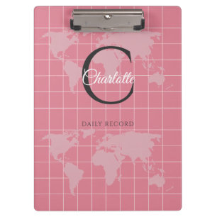 Custom Millennial Pink World Map Monogram Name Clipboard