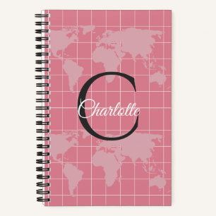 Custom Millennial Pink World Map Monogram Name Notebook