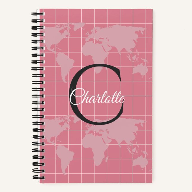 Custom Millennial Pink World Map Monogram Name Notebook (Front)