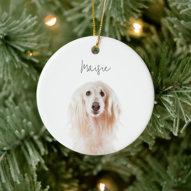 Custom Minimal Dog Photo Name Keepsake Christmas Ceramic Ornament (Tree)