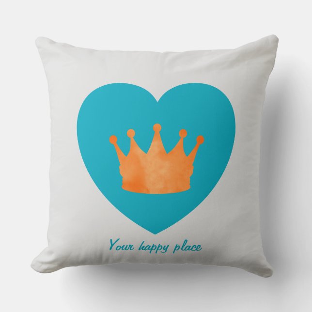 Custom Minimal Geometric Orange Crown Blue Heart  Throw Pillow (Front)