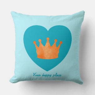 Custom Minimal Geometric Orange Crown Blue Heart  Throw Pillow
