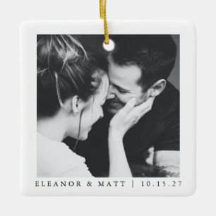Custom Minimalist Black White Couple Photo Wedding Ceramic Ornament