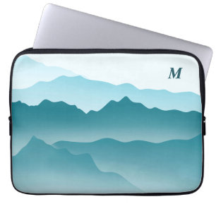 Custom Minimalist Blue Wavy Mountains Monogram Laptop Sleeve