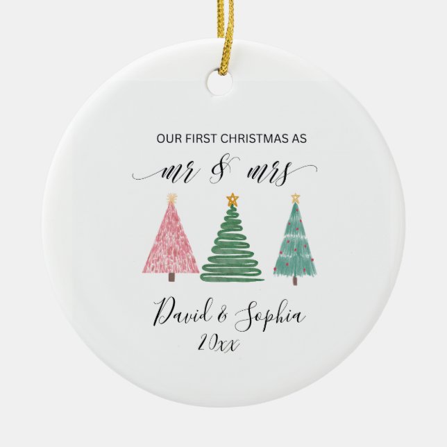 custom minimalist boho hand-drawn Christmas tree Ceramic Ornament (Front)