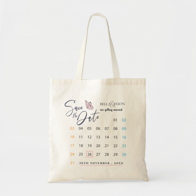 Custom Minimalist Calendar Wedding Save the Date Tote Bag (Front)