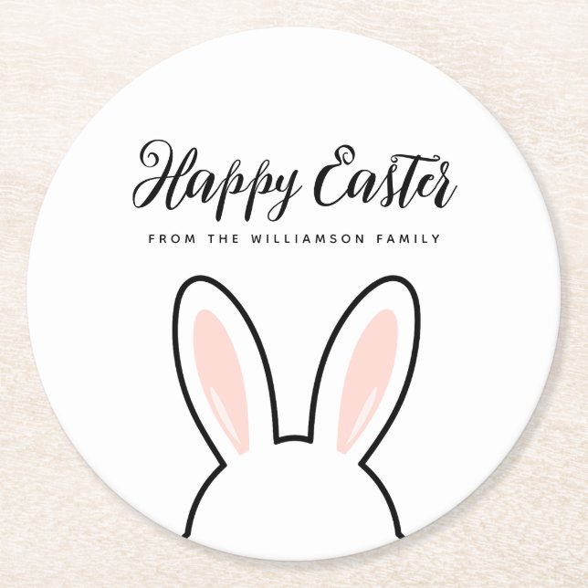 Custom Minimalist Cute Bunny Ears Happy Easter Round Paper Coaster (Front)